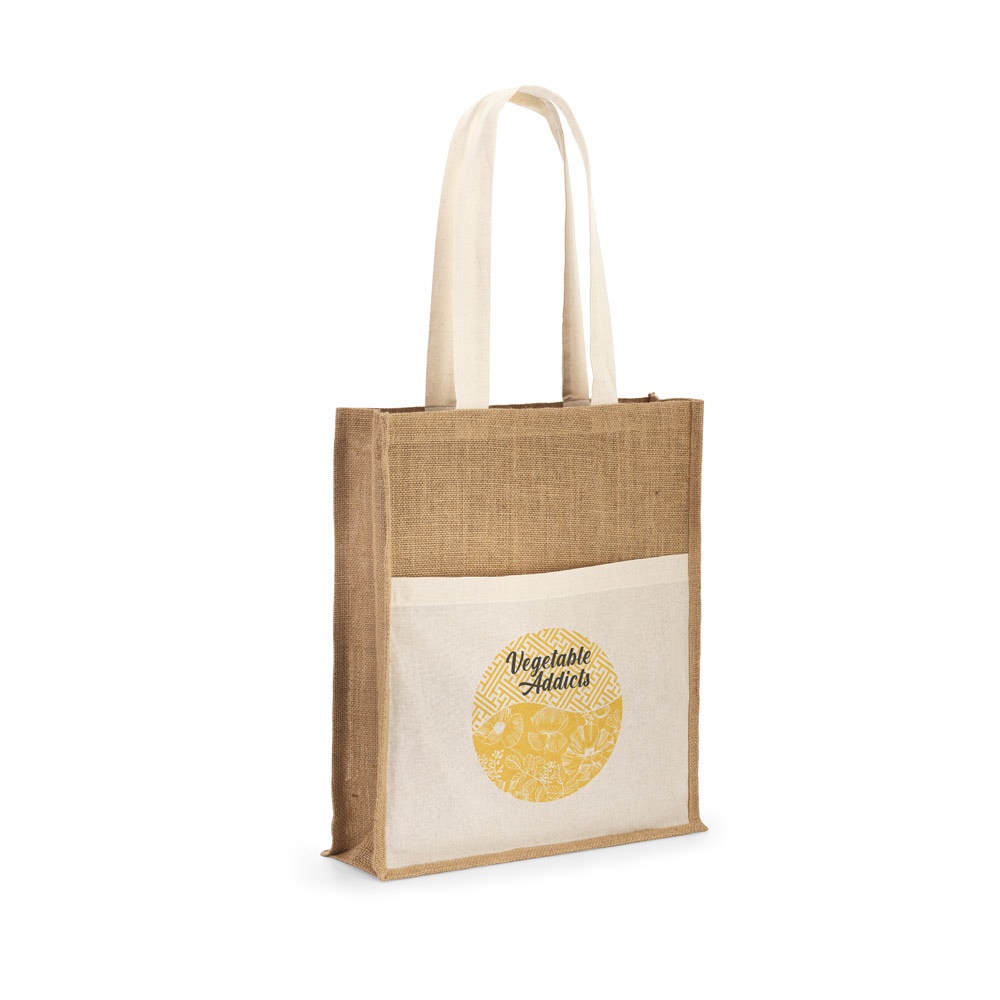 BRAGA. Jute bag (240 g/m²) with pocket in 100% cotton (140 gm²)
