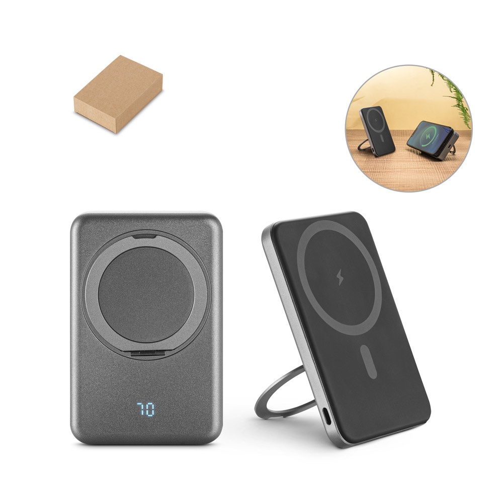 WARSHEL 5. 5000 mAh магнитна преносима батерия с 15W ултра бързо безжично зарядно устройство, изработена от рециклиран ABS (100% rABS) със стойка