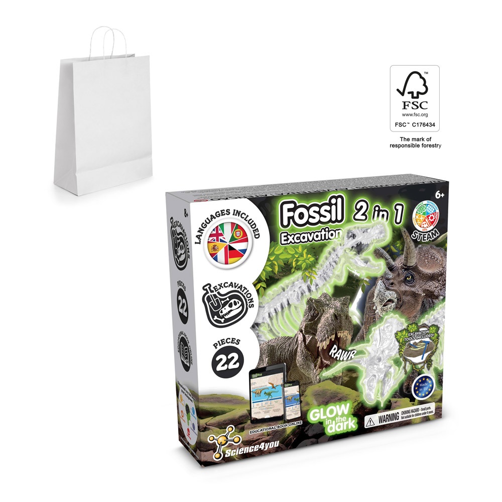 2 in 1 Fossil Excavation Kit II. Образователна игра за деца доставя се с подаръчна торбичка от крафт хартия (90 g/m²), изработен от FSC™ сертифициран материал и други контролирани материали